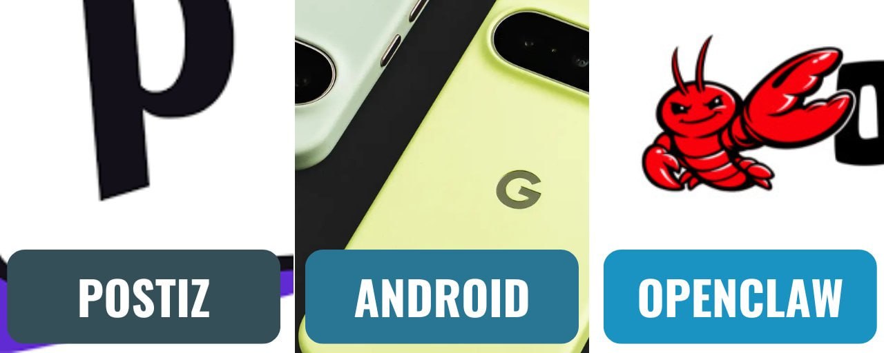 Коллаж из трёх карточек: Postiz, Android и OpenClaw.